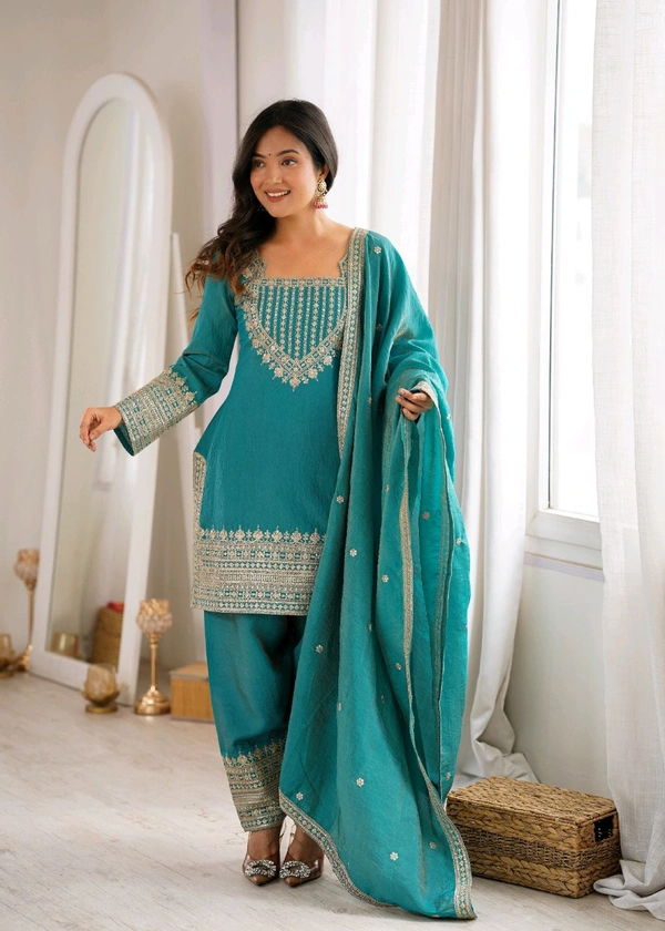 NC VICHITRA SILK FABRIC WITH EMBROIDERY SEQUENCE,DORI AND JARI WORK TOP,DUPPTA SET WITH FARSHI SHALWAR• KB-303 