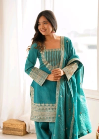 NC VICHITRA SILK FABRIC WITH EMBROIDERY SEQUENCE,DORI AND JARI WORK TOP,DUPPTA SET WITH FARSHI SHALWAR• KB-303 - See green, S