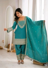 NC VICHITRA SILK FABRIC WITH EMBROIDERY SEQUENCE,DORI AND JARI WORK TOP,DUPPTA SET WITH FARSHI SHALWAR• KB-303 - See green, S