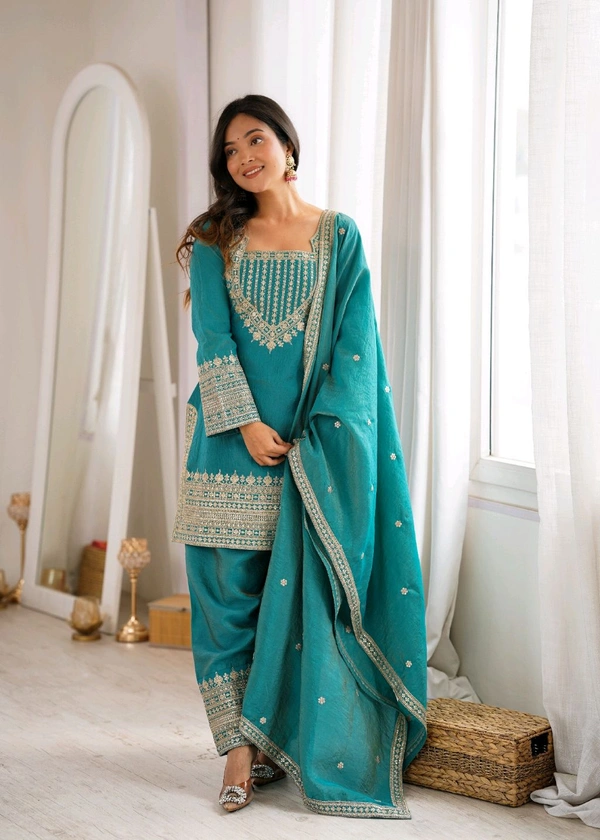 NC VICHITRA SILK FABRIC WITH EMBROIDERY SEQUENCE,DORI AND JARI WORK TOP,DUPPTA SET WITH FARSHI SHALWAR• KB-303 - See green, S