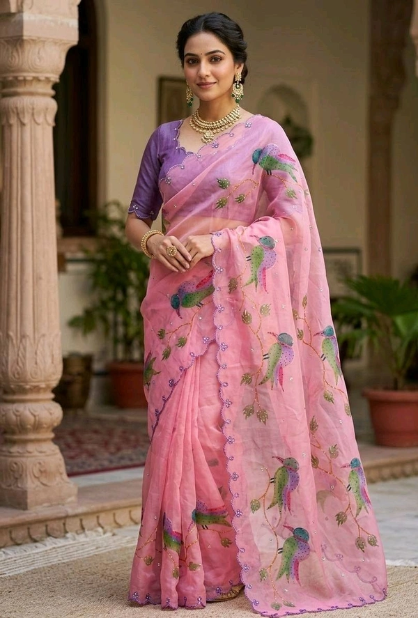 Premium tabby orgrnza with brush printed with khatli work and stone attched• VT-851