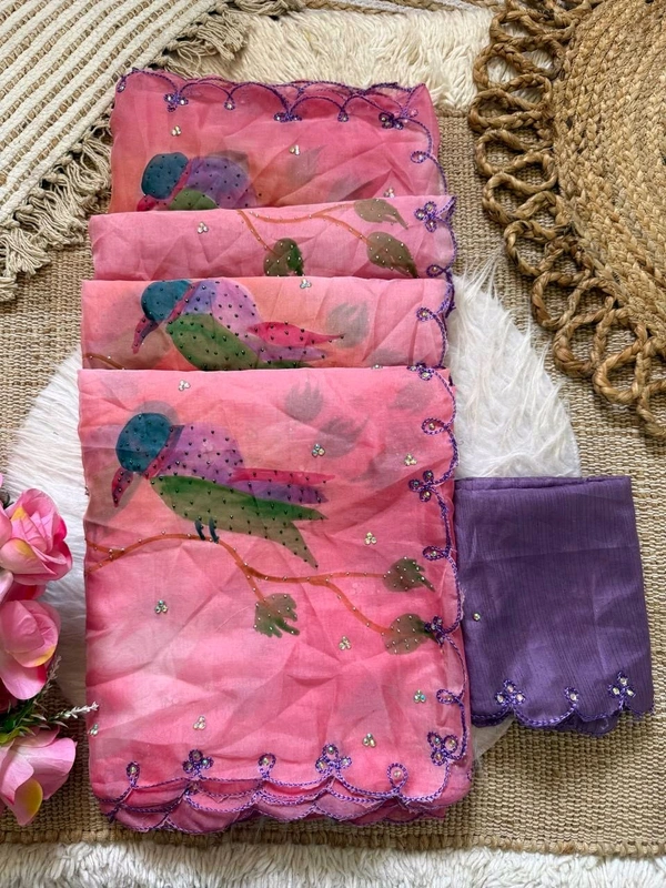 Premium tabby orgrnza with brush printed with khatli work and stone attched• VT-851