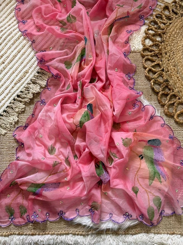 Premium tabby orgrnza with brush printed with khatli work and stone attched• VT-851