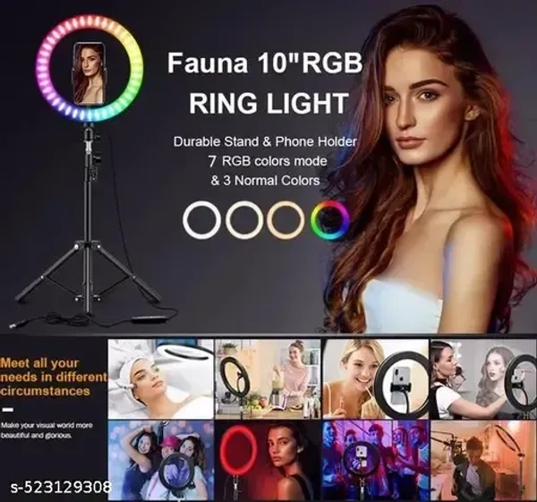 "10-Inch RGB Ring Light with 7FT Adjustable Tripod Stand & Collar Mic | Dimmable Multi-Color LED Light for Vlogging, Streaming, YouTube, Photography & Makeup | Sturdy Extendable Tripod & High-Quality Clip-On Microphone | USB Powered & Portable for Professional Lighting & Sound Setup"