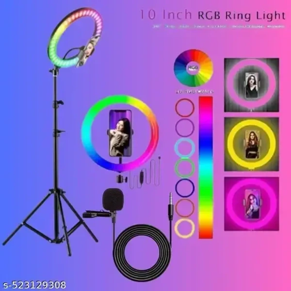 "10-Inch RGB Ring Light with 7FT Adjustable Tripod Stand & Collar Mic | Dimmable Multi-Color LED Light for Vlogging, Streaming, YouTube, Photography & Makeup | Sturdy Extendable Tripod & High-Quality Clip-On Microphone | USB Powered & Portable for Professional Lighting & Sound Setup"