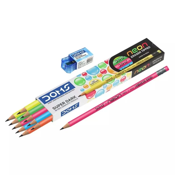 Doms Neon Eraser Tipped Pencil Set (10 Pack) Pack= 10 Pc
