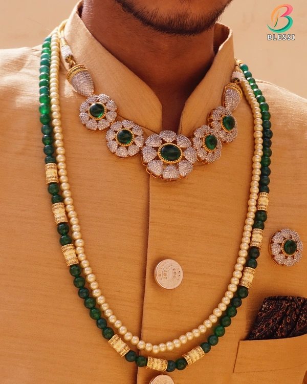 BLESSI Royal Look Green Stone Necklace With Two Line Designer Mala - BM-009-IVGN-GP - Green, Gold Plating