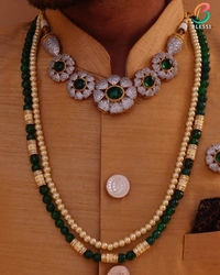 BLESSI Royal Look Green Stone Necklace With Two Line Designer Mala - BM-009-IVGN-GP - Green, Gold Plating