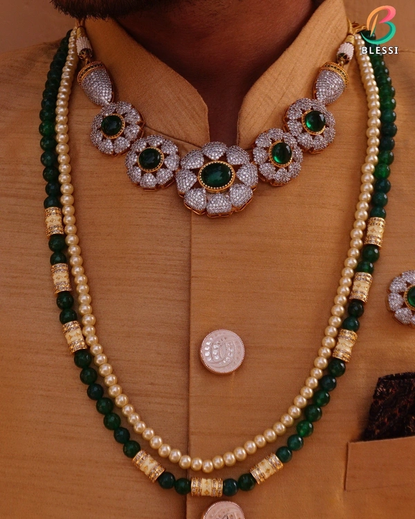 BLESSI Royal Look Green Stone Necklace With Two Line Designer Mala - BM-009-IVGN-GP - Green, Gold Plating