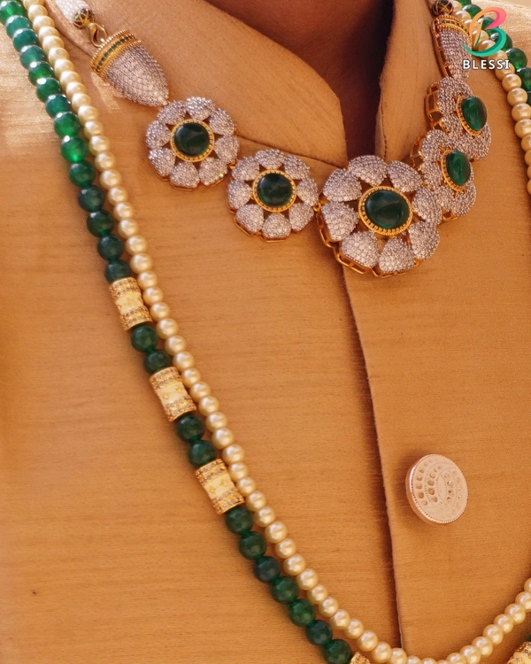 BLESSI Royal Look Green Stone Necklace With Two Line Designer Mala - BM-009-IVGN-GP - Green, Gold Plating