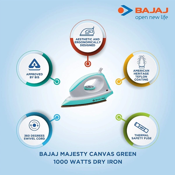 Bajaj Majesty Canvas 1000-Watt Dry Iron (Green - Green and white, 1000W