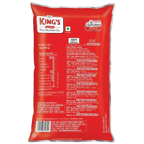 Kings Kachi Ghani Pure Mustard Oil Pouch: 900 g - 900g