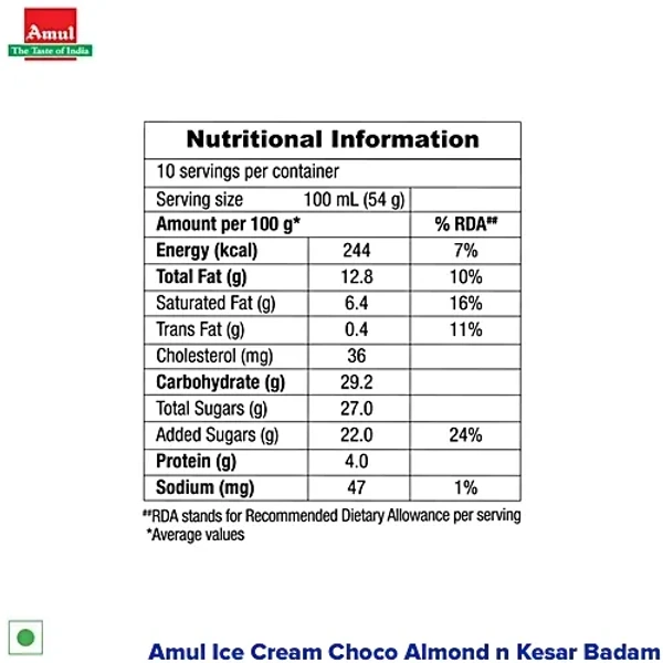 Amul Ice Cream Tub - Double Sundae Choco Almond 'N' Kesar Badam: 1 L - 1l