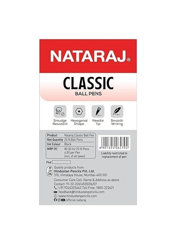 Nataraj Classic Fine Tipped Blue Ball Pen: 20 Pieces - 20 Pieces