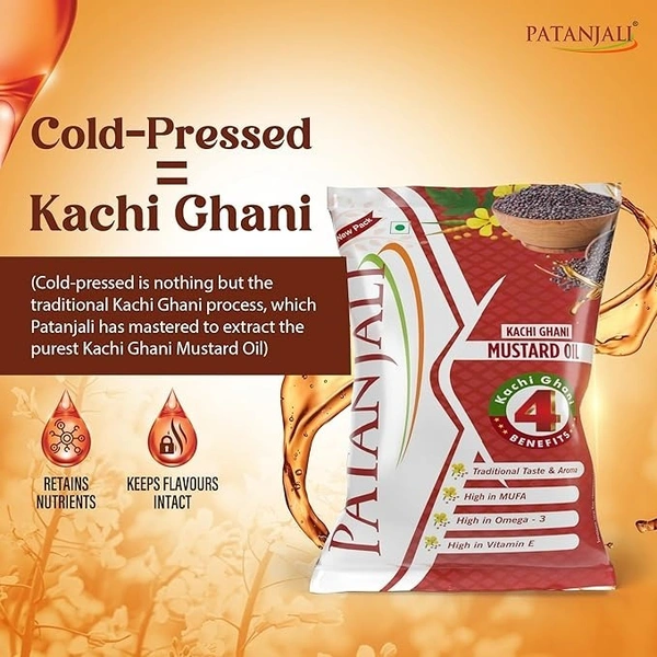 Patanjali Kachi Ghani Mustard Oil Pouch (1 L): 910 g - 1L
