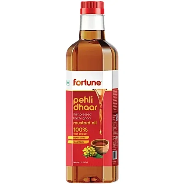 Fortune Pehli Dhaar First Pressed Kachi Ghani Mustard Oil Bottle (1 L): 910 g - 1L