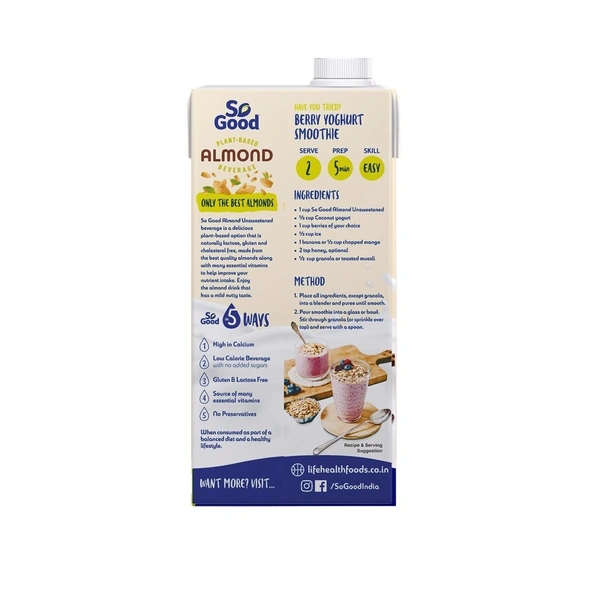 So Good Plant Based Almond Beverage Unsweetened: 1 L - 1l