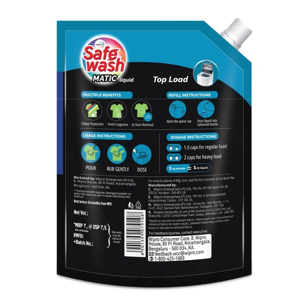 Wipro Safewash Top Load Liquid Detergent Pouch: 2 L - 2L