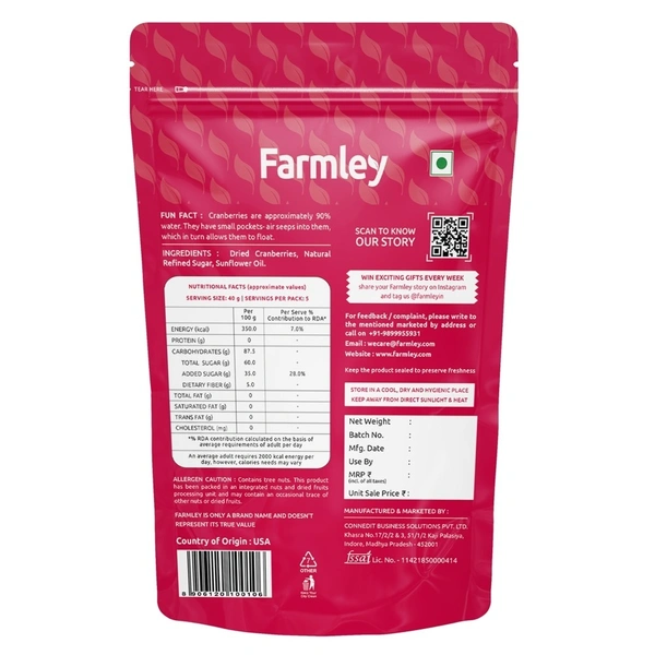 Farmley California Cranberries Dried Pouch: 200 g - 200g
