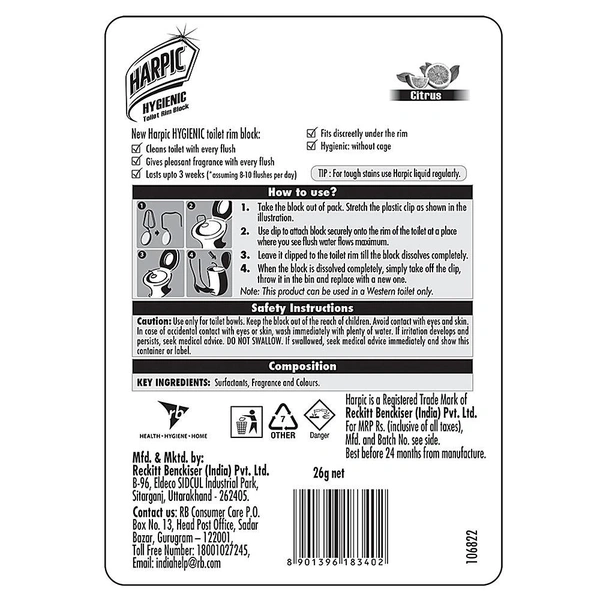 Harpic Hygienic Toilet Citrus Rim Block: 26 g - 26g