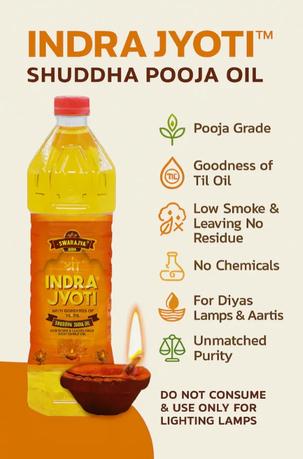 Swarajya India Indra Jyoti Pooja Oil 900ml Enriched, Sandalwood Fragnance | Lamp Oil | Puja Oil | Deepam Oil | Used in Pooja, Festivals havan I - 900ml
