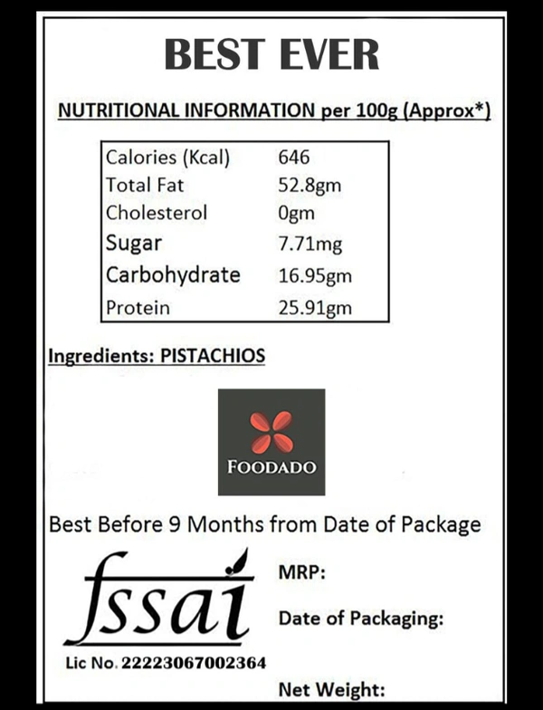 FOODADO Premium (250gm) California Roasted & Salted Pistachios - 250grams
