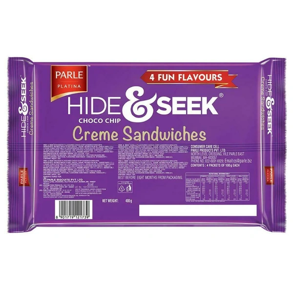 Parle Hide & Seek 4 Fun Flavours Choco Chip Creme Sandwich Biscuits - 400grams
