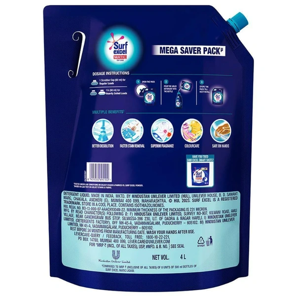 Surf Excel Matic Top Load Liquid Detergent - 4L