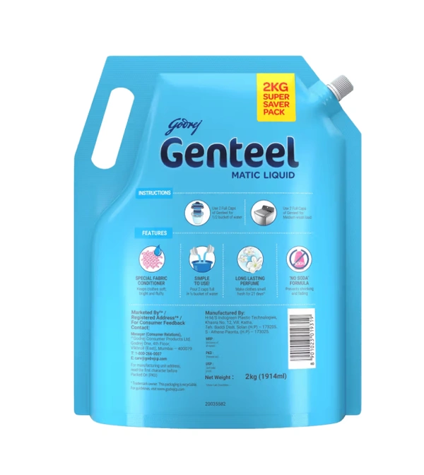 Genteel Godrej Genteel Matic Liquid Detergent Top Load Pouch: - 2kg