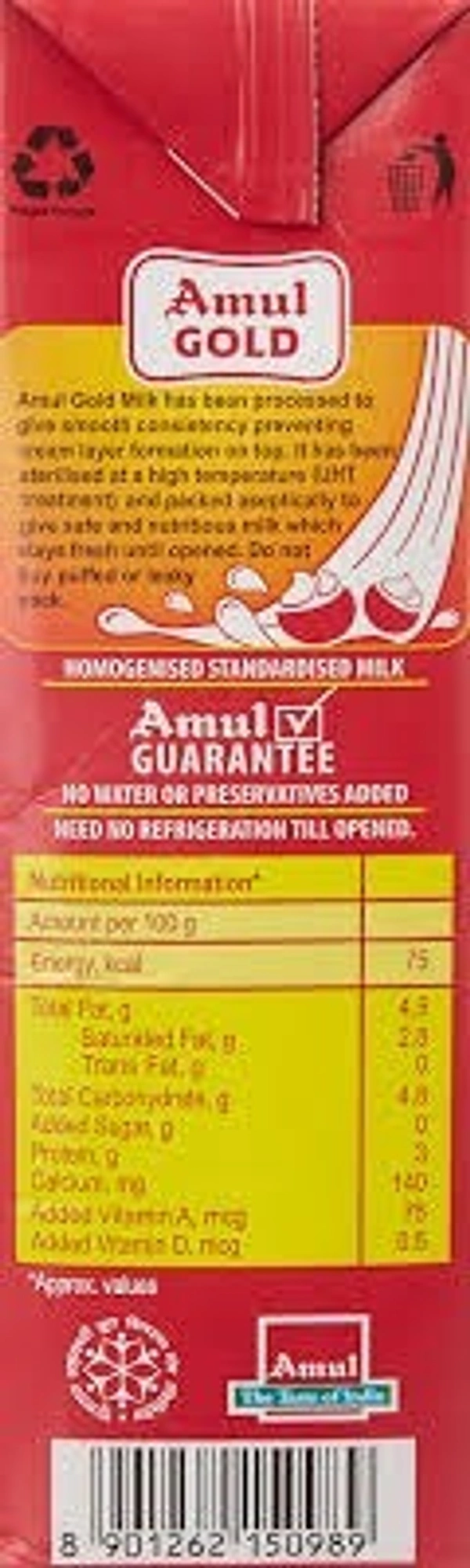 Amul Gold Homogenised Standardised Milk: 1 L - 1l