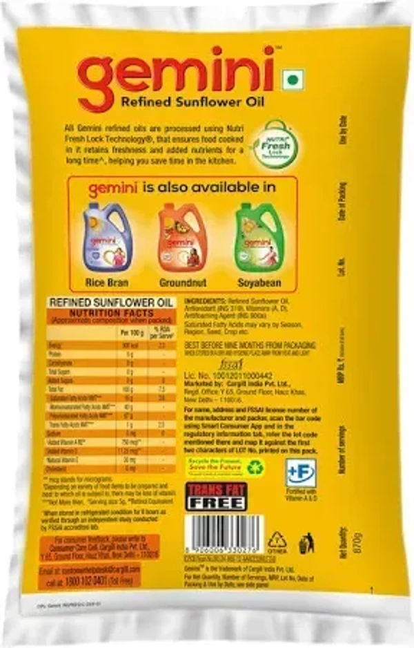 Gemini Refined Sunflower Oil: 870 g - 870g