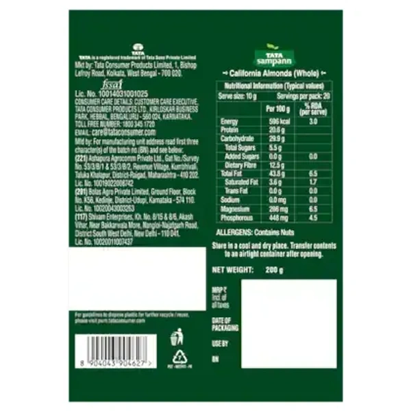 Tata Sampann Tata Sampann California Almonds Whole: 200 g - 200g