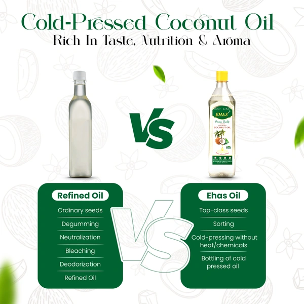 EHAS Premium Cold-Pressed Coconut Oil - 100% Pure, Natural, Unrefined | Rich in Taste & Nutrition | Ideal for Cooking, Hair Care, Skin & Oral Hygiene | No Chemicals, No Additives - 1000ML