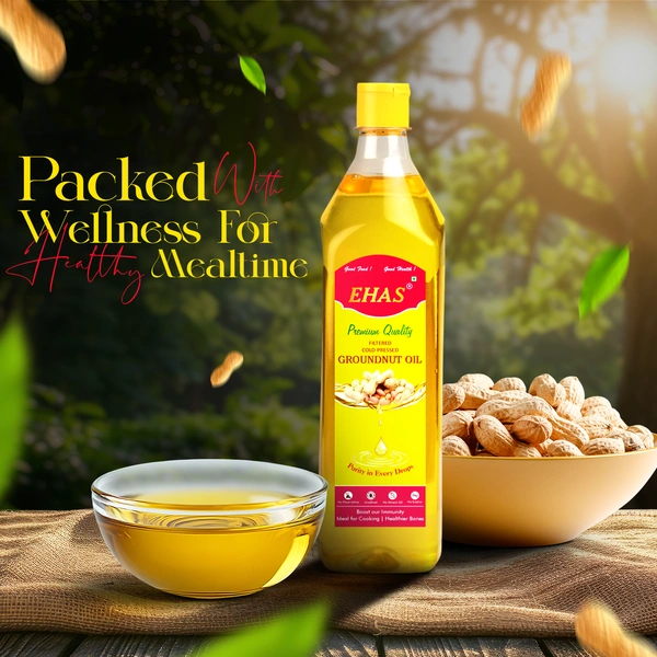 EHAS Cold-Pressed Groundnut Oil – 100% Pure, Unrefined & Chemical-Free | Rich in Vitamin E, Omega-6 & Antioxidants | Ideal for Frying, Roasting & Heart Health | No Trans Fat, No Preservatives - 1000ML