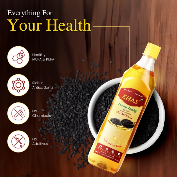 EHAS Cold-Pressed Sesame Oil - 100% Pure, Unrefined & Chemical-Free | Rich in Antioxidants & MUFA/PUFA | Ideal for Cooking, Skin & Hair Care | Boosts Immunity & Bone Health | - 1000ML