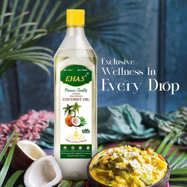 EHAS Premium Cold-Pressed Coconut Oil - 100% Pure, Natural, Unrefined | Rich in Taste & Nutrition | Ideal for Cooking, Hair Care, Skin & Oral Hygiene | No Chemicals, No Additives - 1000ML