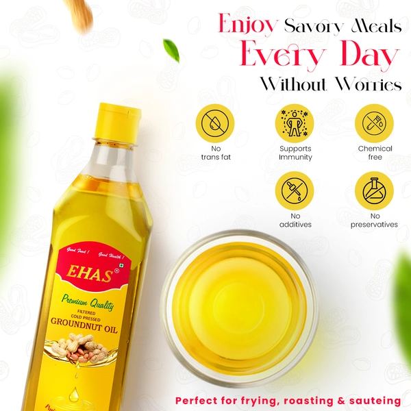 EHAS Cold-Pressed Groundnut Oil – 100% Pure, Unrefined & Chemical-Free | Rich in Vitamin E, Omega-6 & Antioxidants | Ideal for Frying, Roasting & Heart Health | No Trans Fat, No Preservatives - 1000ML
