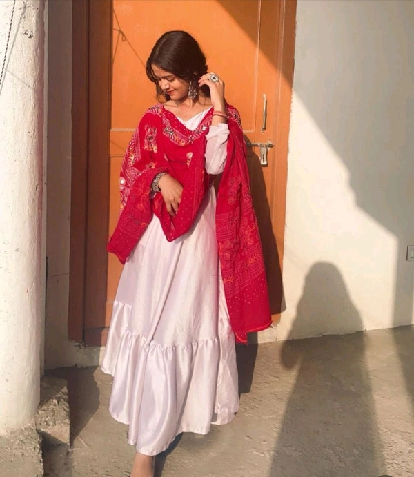White Flared Anarkali With Gujarati Dupatta - White, All Sizes Available