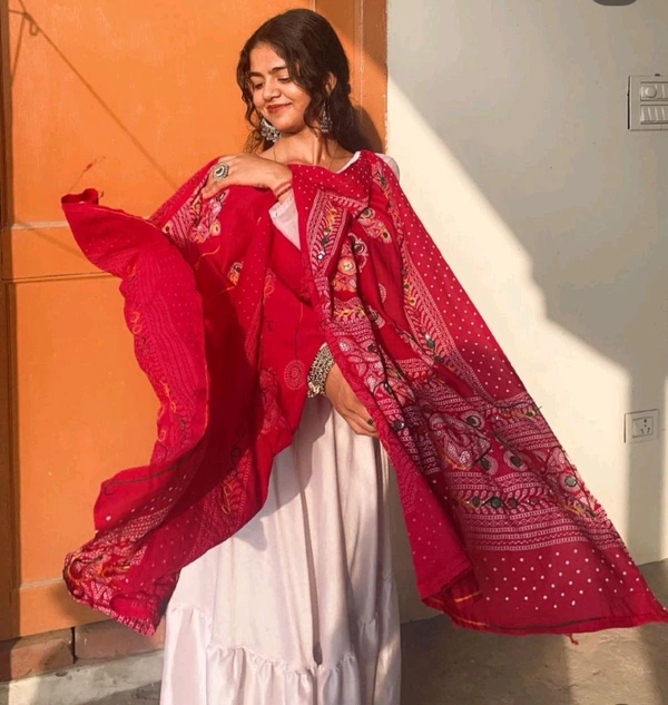 White Flared Anarkali With Gujarati Dupatta - White, All Sizes Available