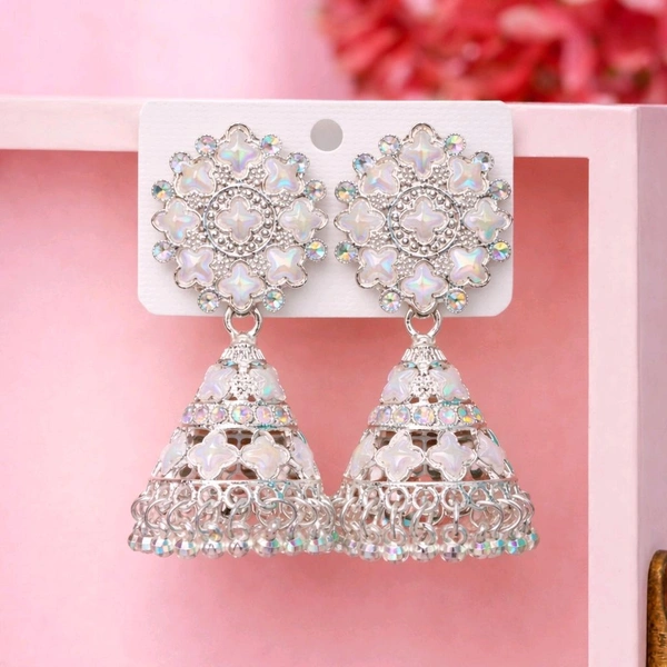 Silver-Plated Sparkling Stone Studded Jhumka Earrings ( Premium Earrings )