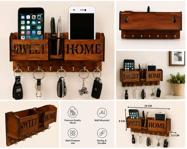 Premium Wooden Key Holder for Wall | Sweet Home Key Stand with Mobile Holder & Hooks | Wall Mounted Organizer for Home & Office