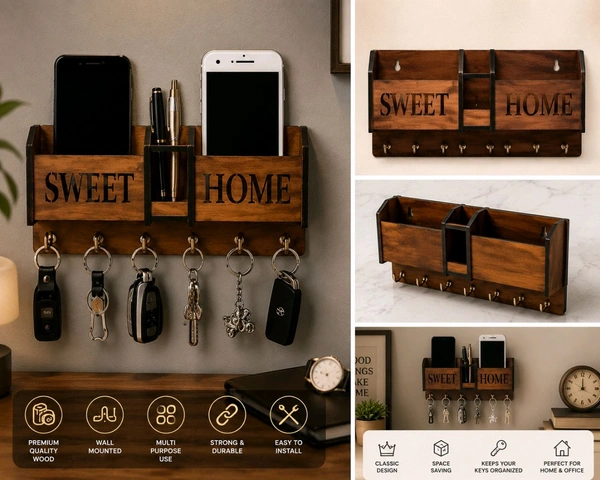 Premium Wooden Key Holder for Wall | Sweet Home Key Stand with Mobile Holder & Hooks | Wall Mounted Organizer for Home & Office