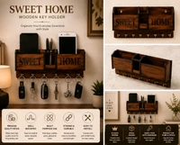 Premium Wooden Key Holder for Wall | Sweet Home Key Stand with Mobile Holder & Hooks | Wall Mounted Organizer for Home & Office