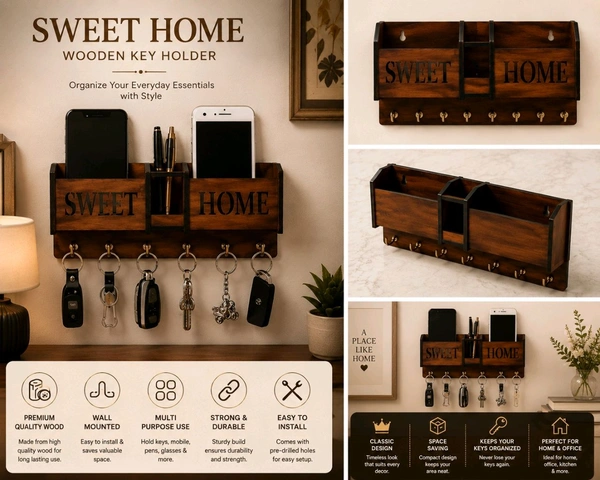 Premium Wooden Key Holder for Wall | Sweet Home Key Stand with Mobile Holder & Hooks | Wall Mounted Organizer for Home & Office