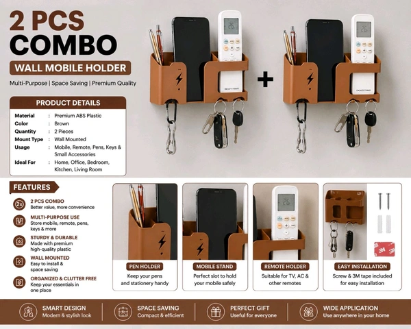 PCS 2 Combo Wall Mobile Holder with Key Hooks | Multi-Purpose Remote & Mobile Stand | Wall Mounted Organizer for Home & Office