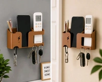 PCS 2 Combo Wall Mobile Holder with Key Hooks | Multi-Purpose Remote & Mobile Stand | Wall Mounted Organizer for Home & Office
