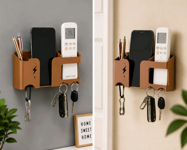 PCS 2 Combo Wall Mobile Holder with Key Hooks | Multi-Purpose Remote & Mobile Stand | Wall Mounted Organizer for Home & Office