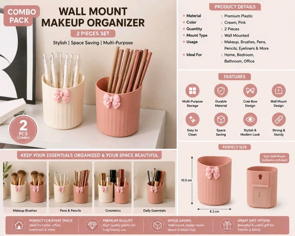 2 PCS Wall Mount Makeup Organizer Combo Pack | Multi-Purpose Cosmetic & Pen Holder | Cute Bow Storage Cup for Home & Office