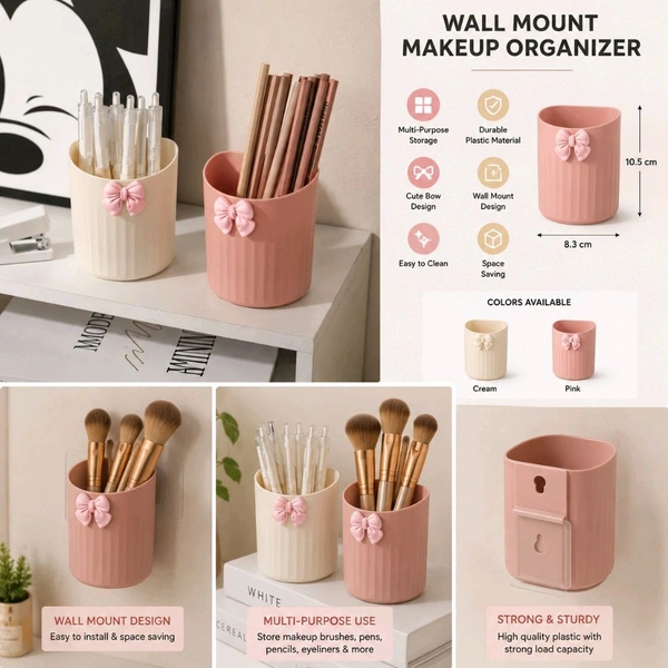 2 PCS Wall Mount Makeup Organizer Combo Pack | Multi-Purpose Cosmetic & Pen Holder | Cute Bow Storage Cup for Home & Office
