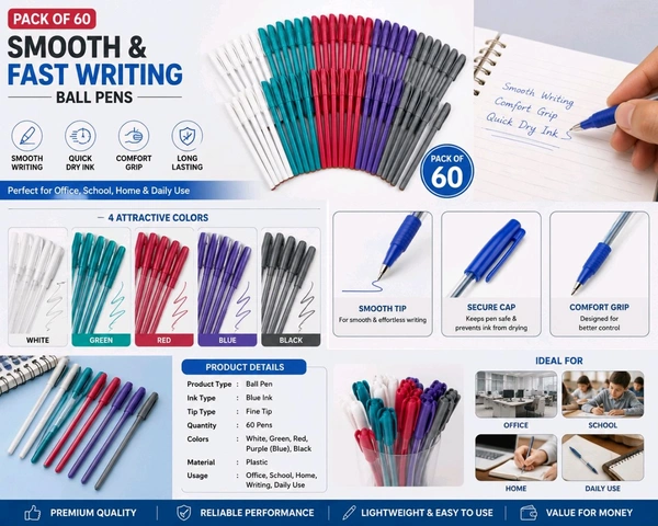 Pack of 60 Smooth & Fast Writing Ball Pens | Multi Color Use & Throw Pens | Fine Tip Blue Ink Pens for School, Office & Home